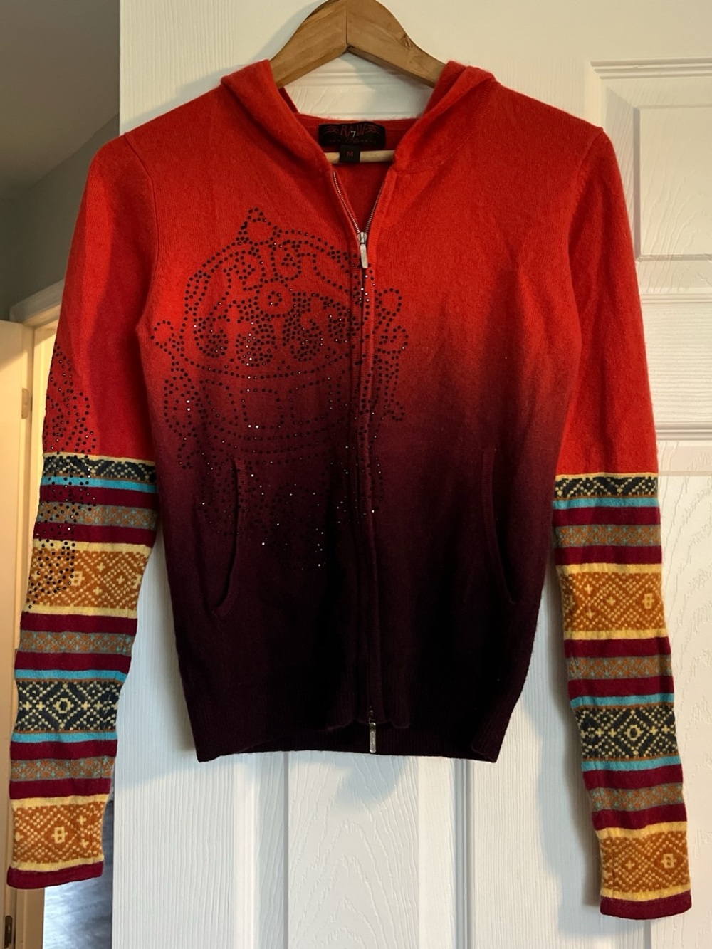 RAW 7 Y2K Cashmere Ombre embellished Zip Hoodie with Patterned Sleeves